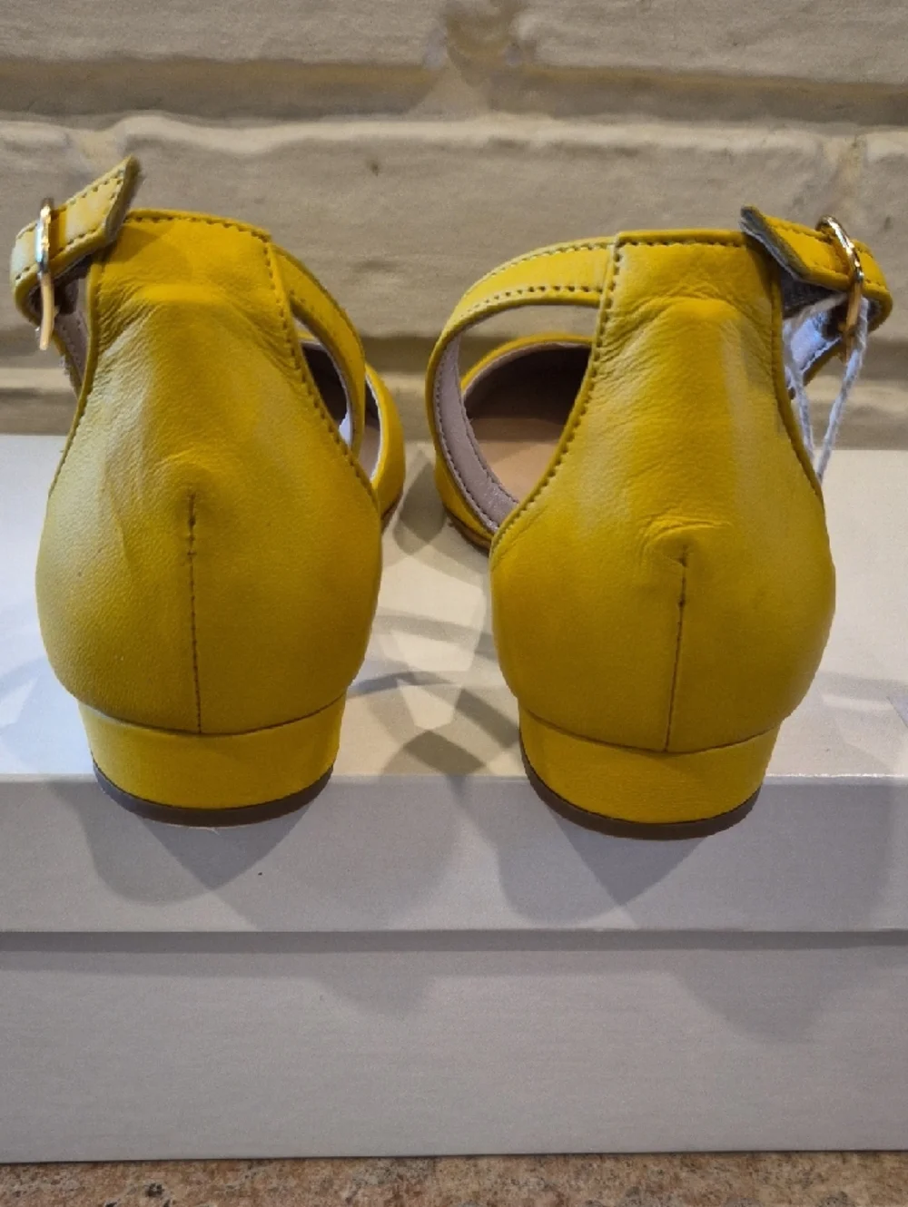 Yellow Pointed-Toe Ankle-Strap Flats. Made In Italy. Leather.